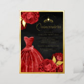 Sparkling Gown Red Roses Black Quinceanera Gold Foil Invitation (Standing Front)