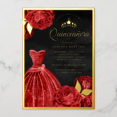 Sparkling Gown Red Roses Black Quinceanera Gold Foil Invitation (Front)