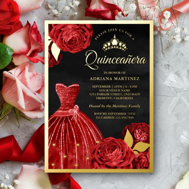Sparkling Gown Red Roses Black Quinceanera Gold Foil Invitation