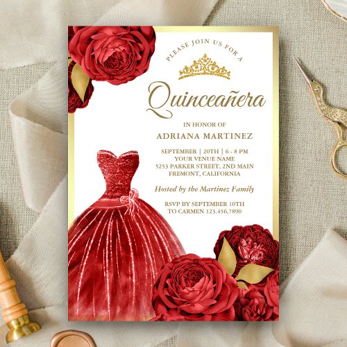 Sparkling Gown Red Roses Gold Quinceanera Invitation