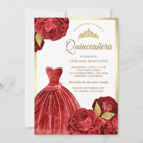 Sparkling Gown Red Roses Gold Quinceanera Invitation