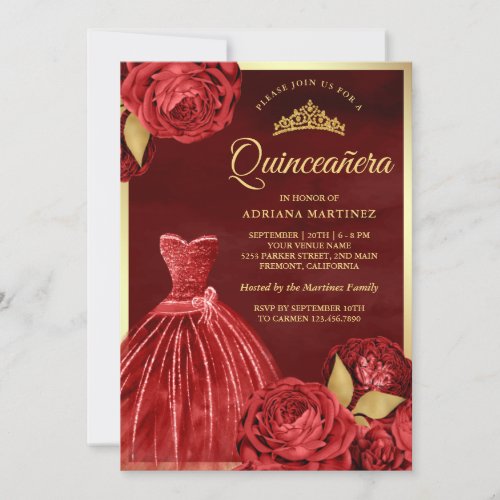 Sparkling Gown Red Roses Maroon Gold Quinceanera Invitation