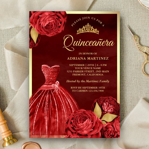 Sparkling Gown Red Roses Maroon Gold Quinceanera Invitation