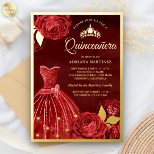 Sparkling Gown Red Roses Maroon Quinceanera Gold Foil Invitation