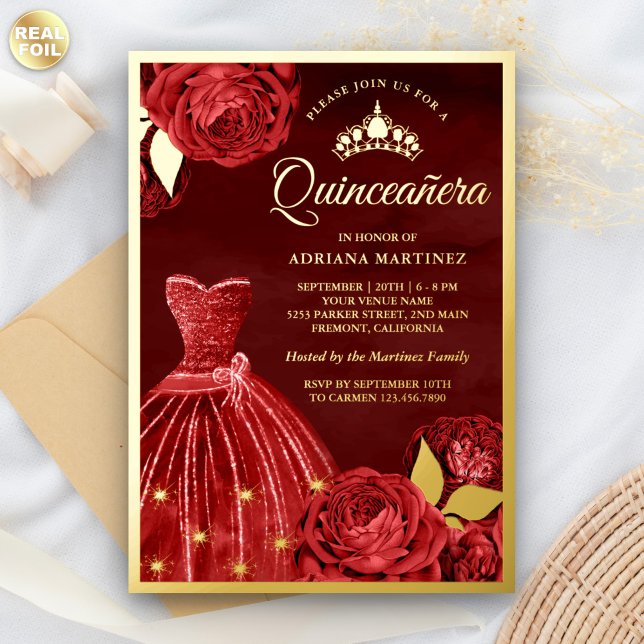Sparkling Gown Red Roses Maroon Quinceanera Gold Foil Invitation (Creator Uploaded)