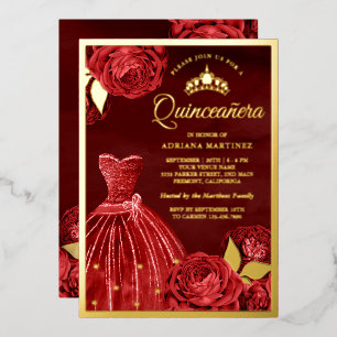 Sparkling Gown Red Roses Maroon Quinceanera Gold Foil Invitation