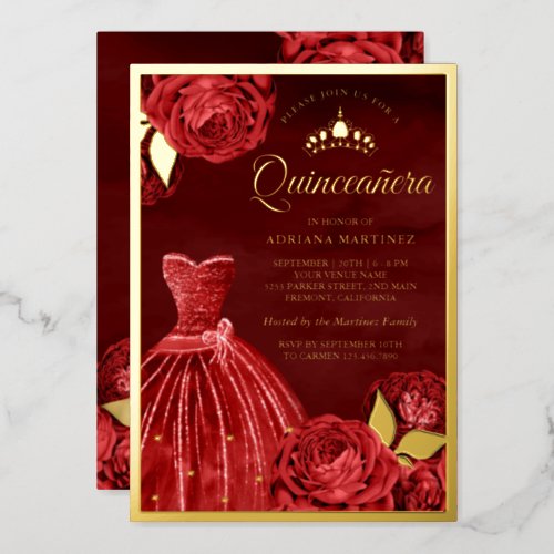Sparkling Gown Red Roses Maroon Quinceanera Gold Foil Invitation