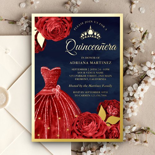 Sparkling Gown Red Roses Navy Quinceanera Gold Foil Invitation