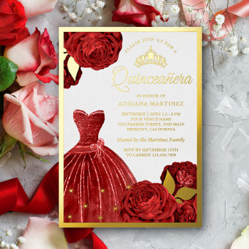 Sparkling Gown Red Roses Quinceanera Gold Foil Invitation by ShabzDesigns at Zazzle
