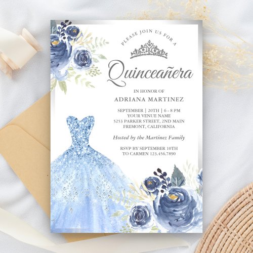 Sparkling Gown Soft Blue Roses Silver Quinceanera Invitation