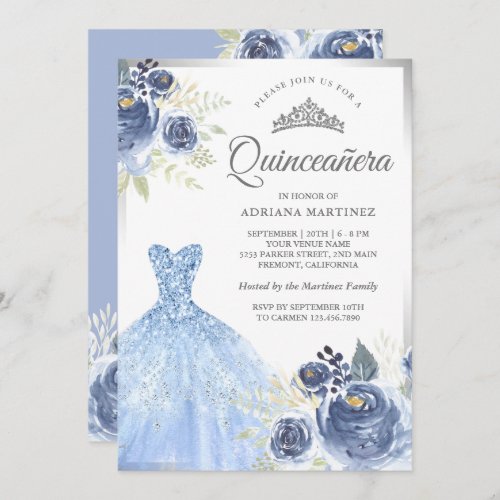 Sparkling Gown Soft Blue Roses Silver Quinceanera Invitation