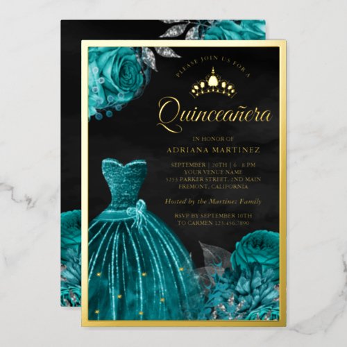 Sparkling Gown Teal Roses Black Quinceanera Gold Foil Invitation