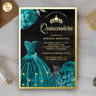 Sparkling Gown Teal Roses Black Quinceanera Gold Foil Invitation