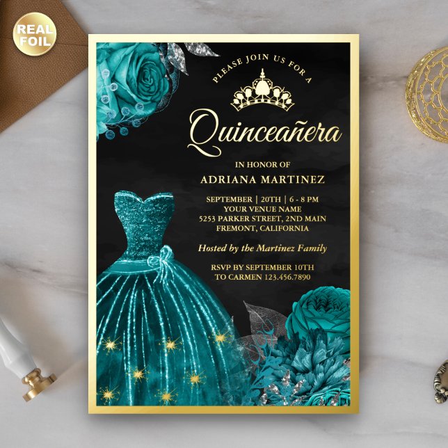 Sparkling Gown Teal Roses Black Quinceanera Gold Foil Invitation (Creator Uploaded)