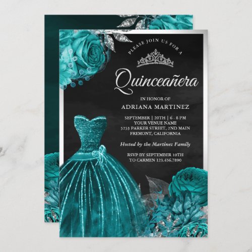 Sparkling Gown Teal Roses Black Silver Quinceanera Invitation