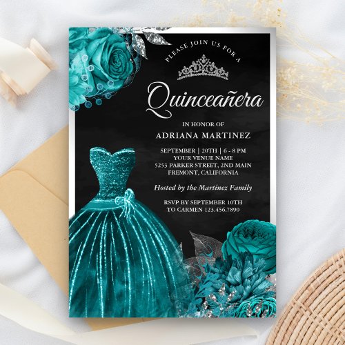 Sparkling Gown Teal Roses Black Silver Quinceanera Invitation