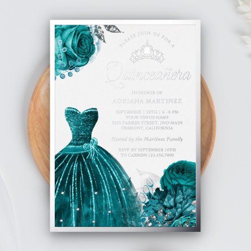 Sparkling Gown Teal Roses Quinceanera Foil Invitation