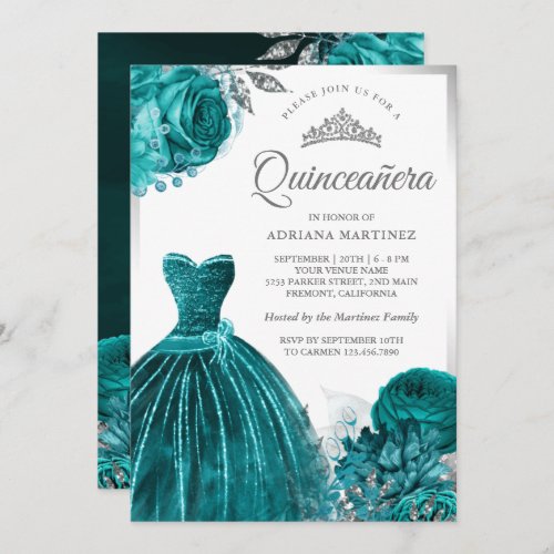 Sparkling Gown Teal Roses Silver Quinceanera Invitation