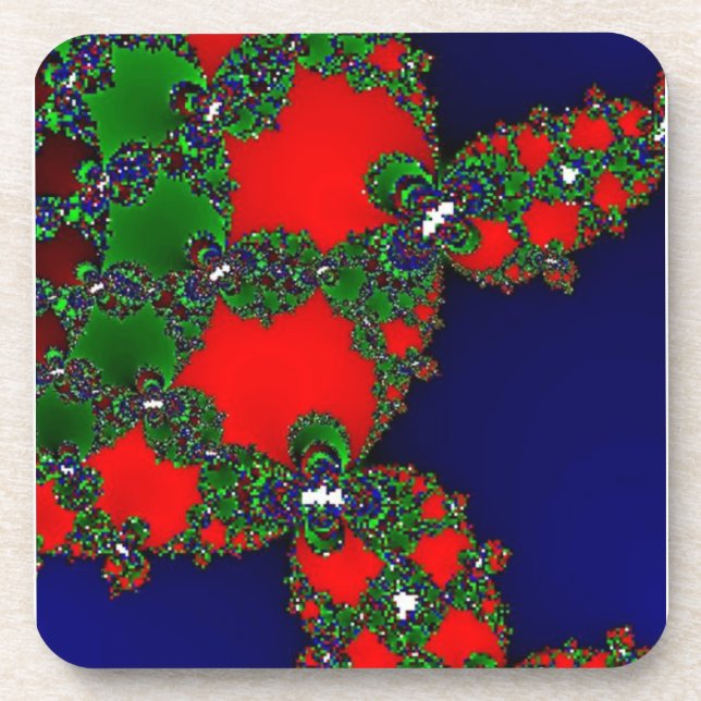 Sparkling Green on Red on Blue Cork Coasters (Front)