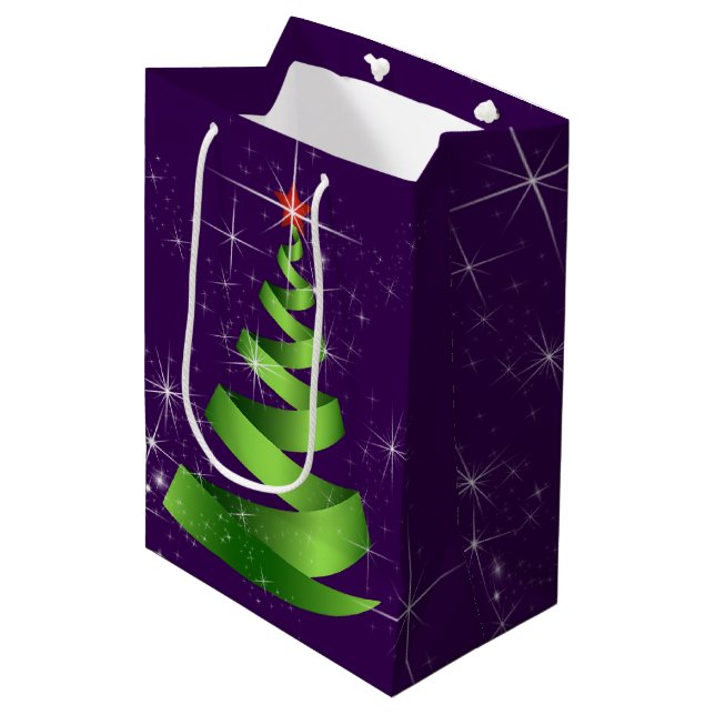 Sparkling Green Ribbon Christmas Tree Medium Gift Bag (Front Angled)