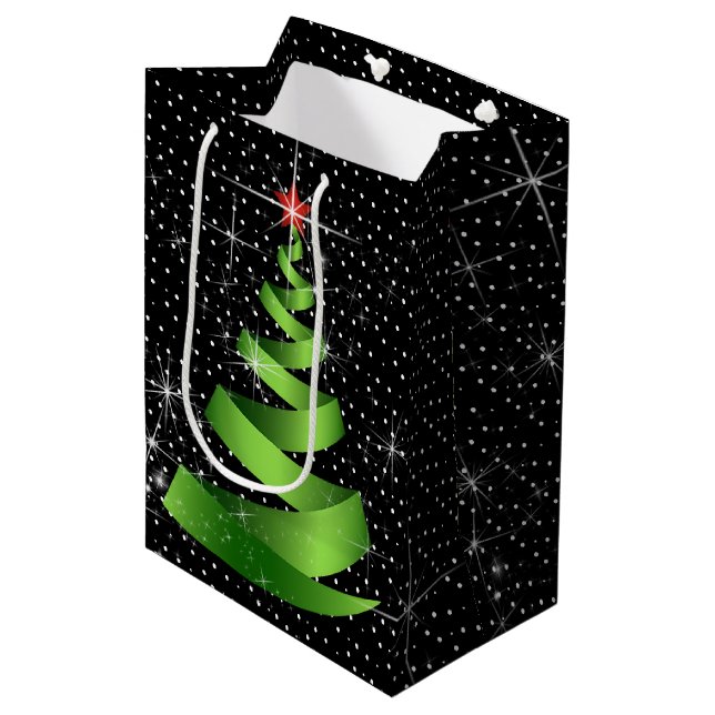 Sparkling Green Ribbon Christmas Tree Medium Gift Bag (Front Angled)