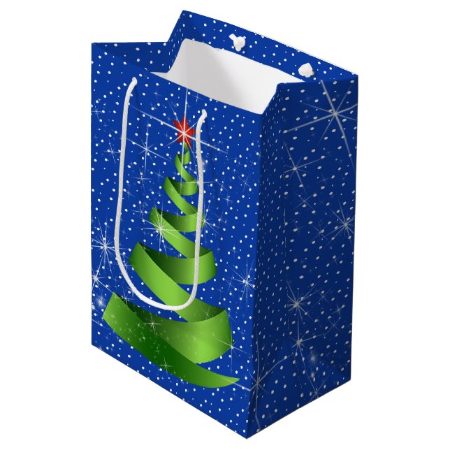 Sparkling Green Ribbon Christmas Tree Medium Gift Bag (Front Angled)