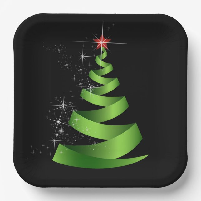 Sparkling Green Ribbon Christmas Tree Paper Plates (Front)