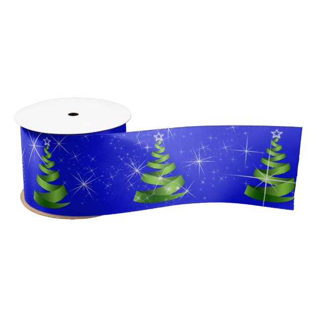 Sparkling Green Ribbon Christmas Trees On Blue (Spool)