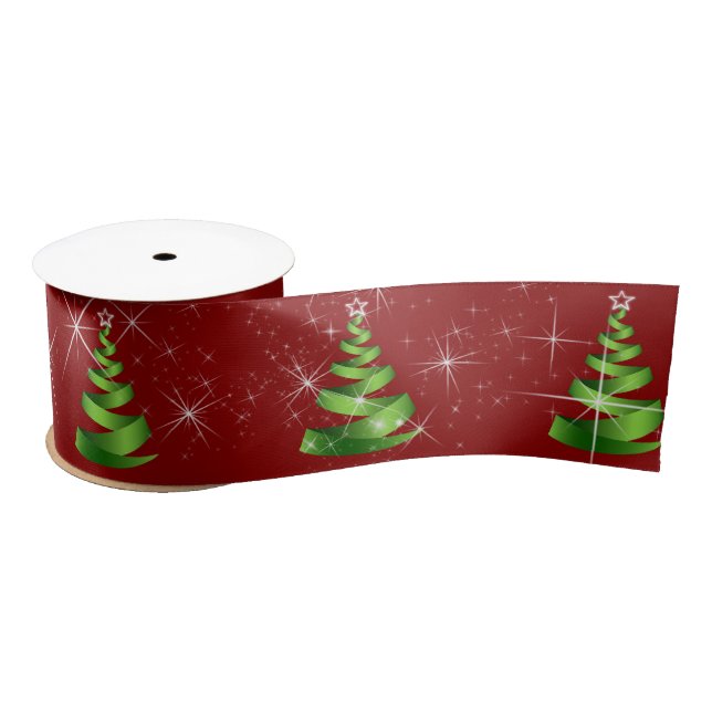 Sparkling Green Ribbon Christmas Trees On Red (Spool)