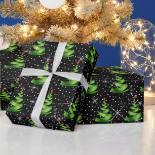 Sparkling Green Ribbon Christmas Trees Wrapping Paper