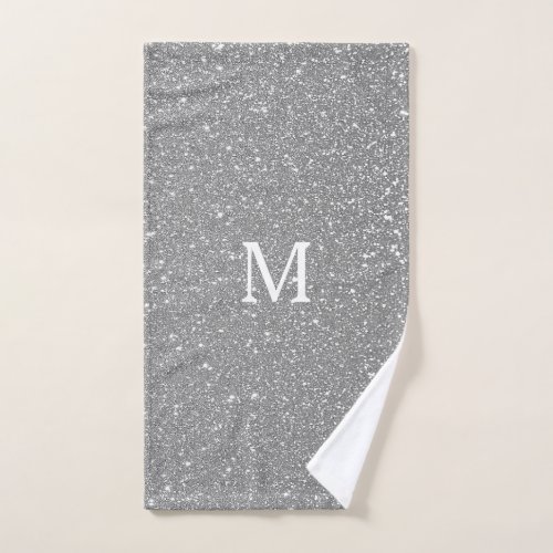Sparkling Grey Glitter Gray White Monogram Initial Hand Towel