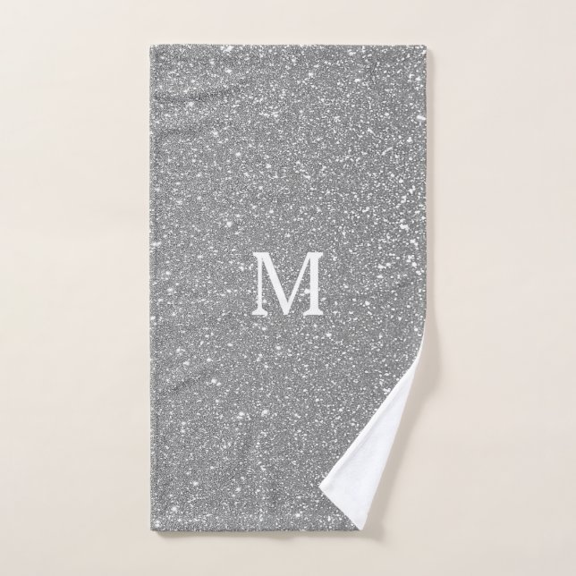 Sparkling Grey Glitter Gray White Monogram Initial Hand Towel (Hand Towel)