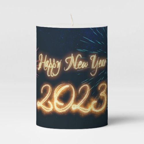 Sparkling Happy New Year 2023 Fireworks Pillar Candle