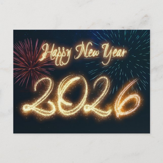 Sparkling Happy New Year 2026 Fireworks Holiday Postcard (Front)
