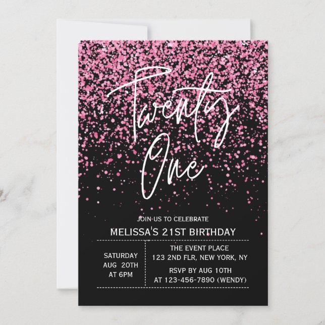 Sparkling Hot Pink Glitter Black 21st Birthday Invitation (Front)