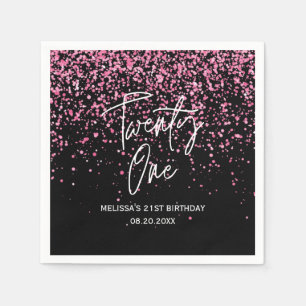 Sparkling Hot Pink Glitter Black 21st Birthday Napkins