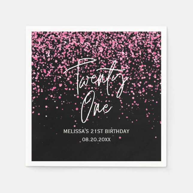Sparkling Hot Pink Glitter Black 21st Birthday Napkins (Front)