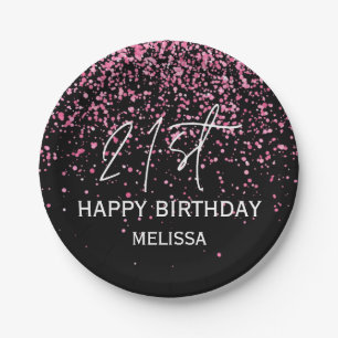Sparkling Hot Pink Glitter Black 21st  Birthday Paper Plates