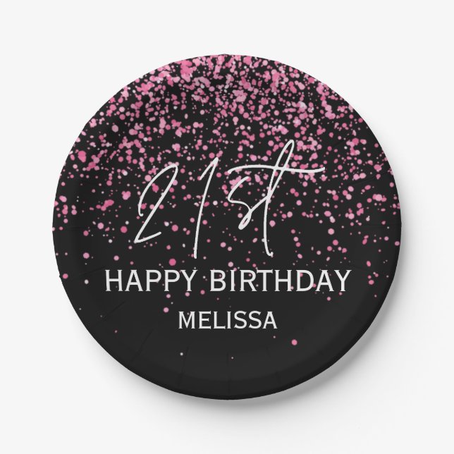 Sparkling Hot Pink Glitter Black 21st  Birthday Paper Plates (Front)