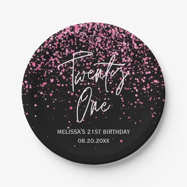 Sparkling Hot Pink Glitter Black 21st Birthday Paper Plates (Front)