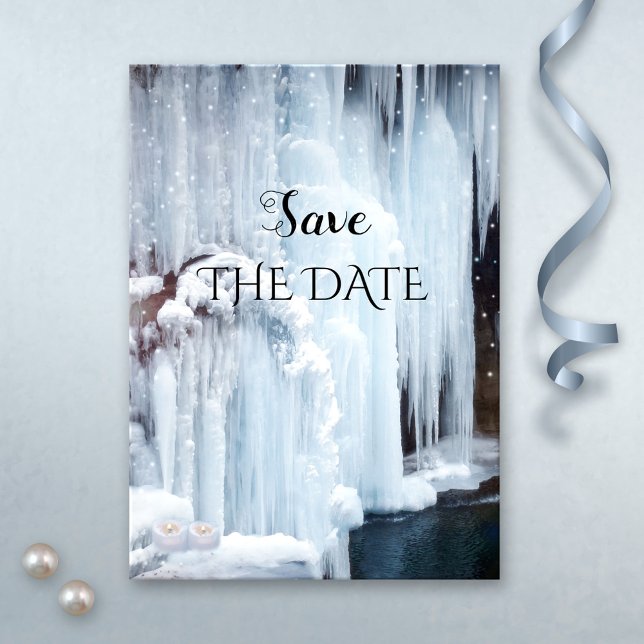 Sparkling Ice Winter Wedding Save the Date Card (Winter wedding Save the Date card featuring a frozen waterfall with sparkling light snow flakes)