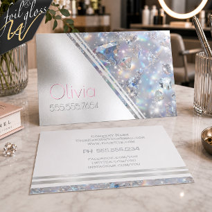 Sparkling Iridescent Diamonds and Silver Foil Spot Gloss Business Cards