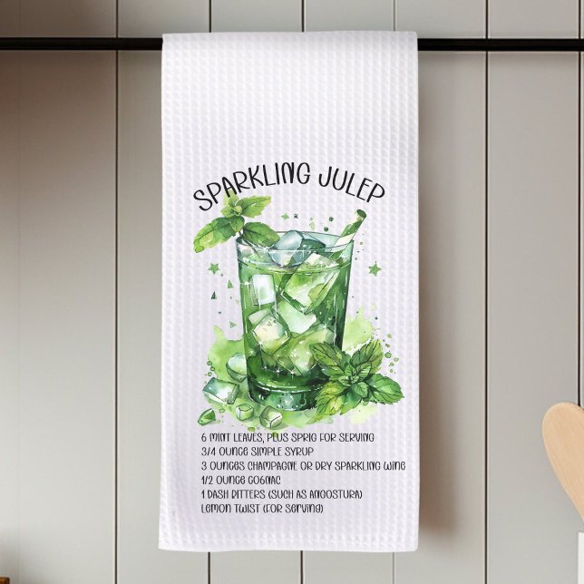 Sparkling Juleps Cocktail Recipe Watercolor  Kitchen Towel (Sparkling Juleps Cocktail Recipe Watercolor Kitchen Towel)