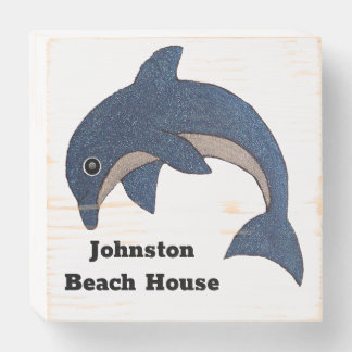 Sparkling Jumping Dolphin Dark Blue White Beach Wooden Box Sign