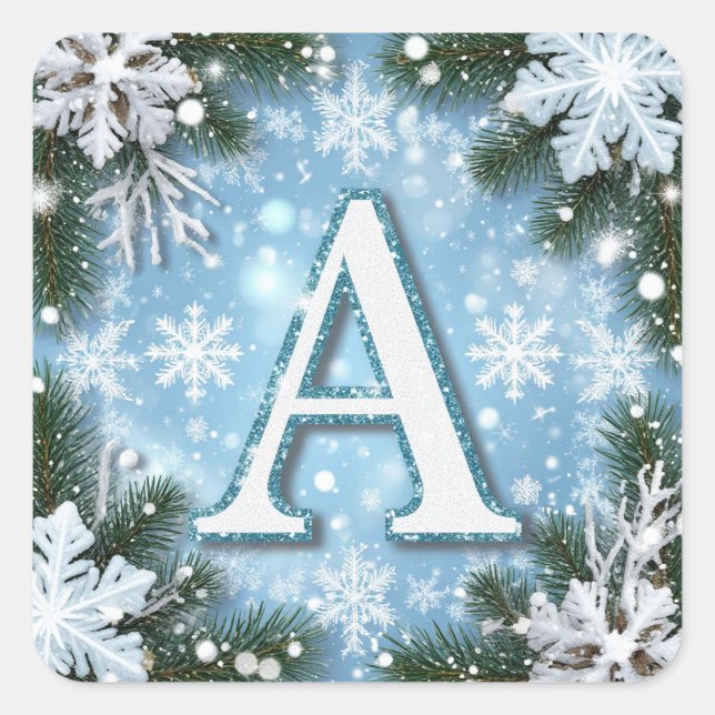 🎄 Sparkling Letter A Christmas Monogram Snowflake Square Sticker (Front)