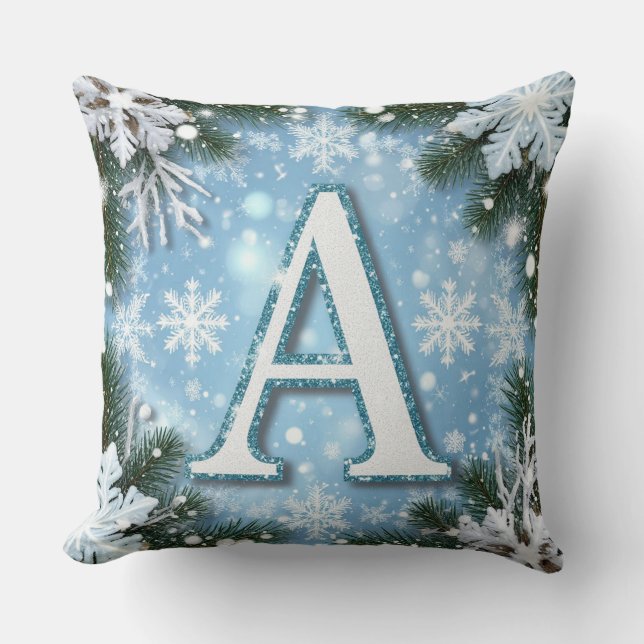 🎄 Sparkling Letter A Christmas Monogram Snowflake Throw Pillow (Front)