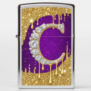 Sparkling Letter C With Gold Glitter Drip Zippo Lighter