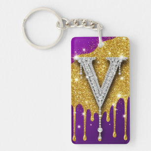 Sparkling Letter V With Gold Glitter Drip Keychain
