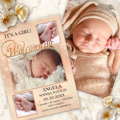 Sparkling Lights Baby Girl Birth Announcement Card