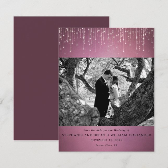 Sparkling Lights Cranberry Photo Save the Date Invitation (Front/Back)